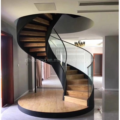 Modern Indoor Double Keel Steel Wood Arc Staircase with Tempered Glass Zf-Sr-017